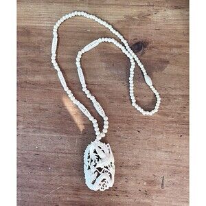 Vtg Off White Asian Dragon Carved Celloid Resin Beaded Necklace Barrel Clasp